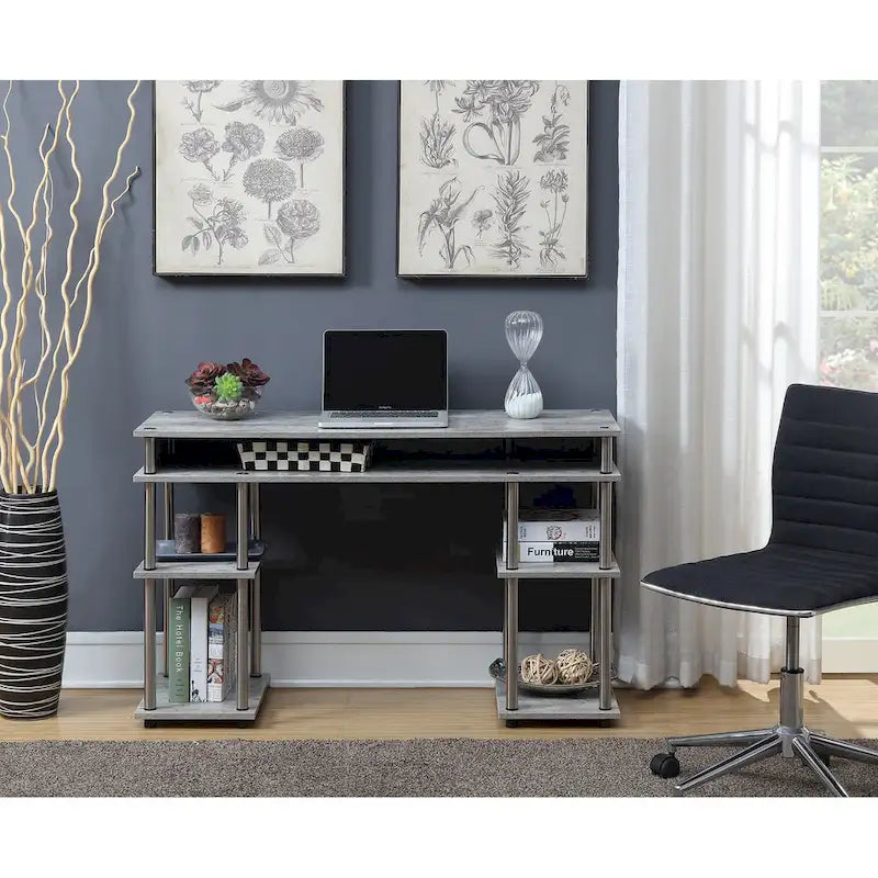 Bureau d'ordinateur noir à assemblage sans outils avec étagères ouvertes à plusieurs niveaux et pieds chromés