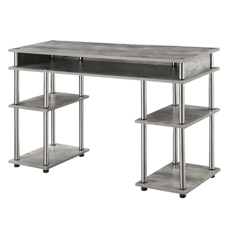 Bureau d'ordinateur noir à assemblage sans outils avec étagères ouvertes à plusieurs niveaux et pieds chromés