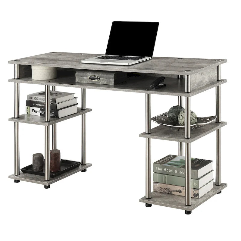 Bureau d'ordinateur noir à assemblage sans outils avec étagères ouvertes à plusieurs niveaux et pieds chromés