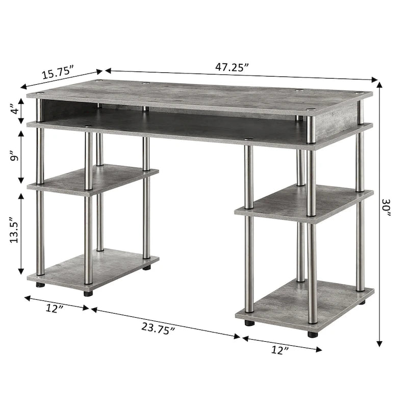 Bureau d'ordinateur noir à assemblage sans outils avec étagères ouvertes à plusieurs niveaux et pieds chromés