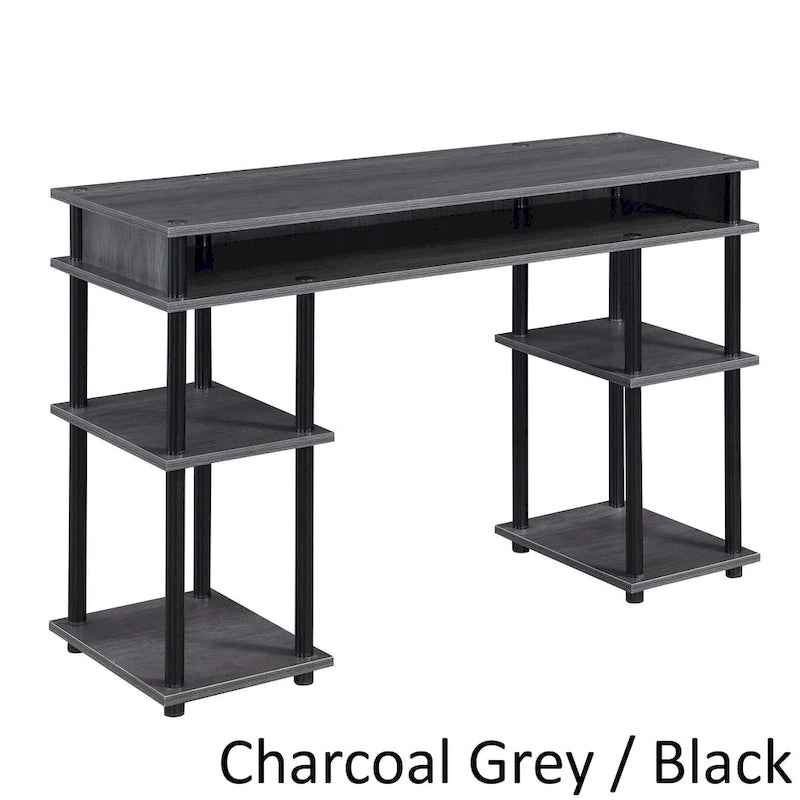 Bureau d'ordinateur noir à assemblage sans outils avec étagères ouvertes à plusieurs niveaux et pieds chromés