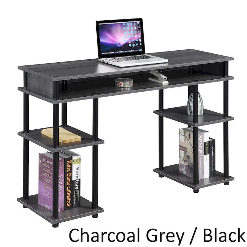 Bureau d'ordinateur noir à assemblage sans outils avec étagères ouvertes à plusieurs niveaux et pieds chromés