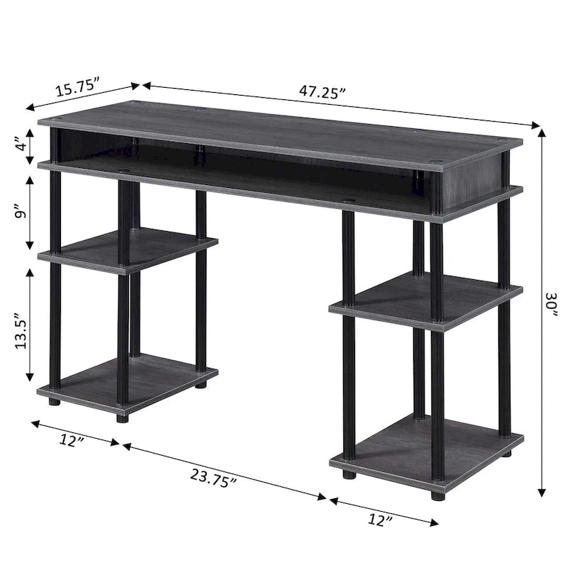 Bureau d'ordinateur noir à assemblage sans outils avec étagères ouvertes à plusieurs niveaux et pieds chromés