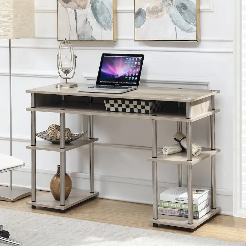 Bureau d'ordinateur noir à assemblage sans outils avec étagères ouvertes à plusieurs niveaux et pieds chromés