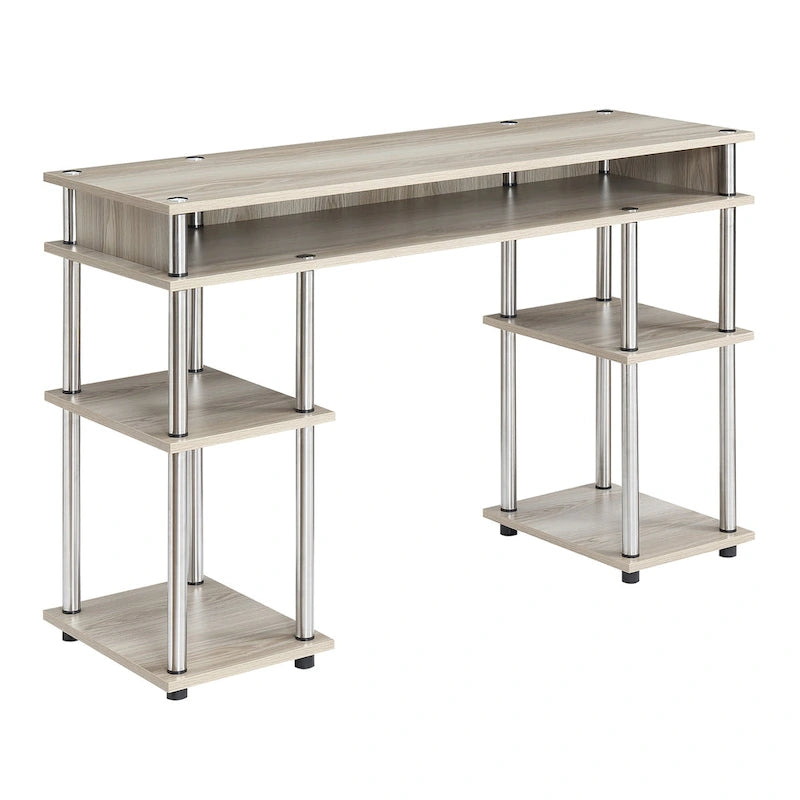 Bureau d'ordinateur noir à assemblage sans outils avec étagères ouvertes à plusieurs niveaux et pieds chromés