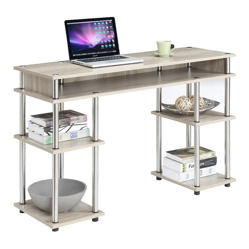 Bureau d'ordinateur noir à assemblage sans outils avec étagères ouvertes à plusieurs niveaux et pieds chromés