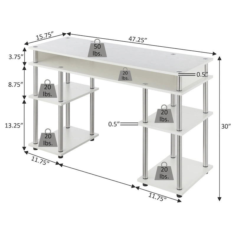 Bureau d'ordinateur noir à assemblage sans outils avec étagères ouvertes à plusieurs niveaux et pieds chromés