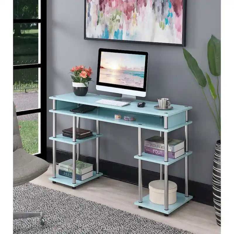 Bureau d'ordinateur noir à assemblage sans outils avec étagères ouvertes à plusieurs niveaux et pieds chromés