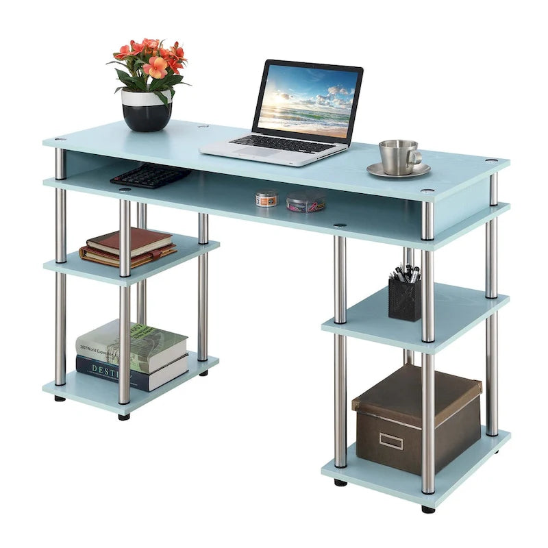 Bureau d'ordinateur noir à assemblage sans outils avec étagères ouvertes à plusieurs niveaux et pieds chromés