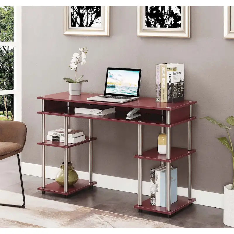 Bureau d'ordinateur noir à assemblage sans outils avec étagères ouvertes à plusieurs niveaux et pieds chromés