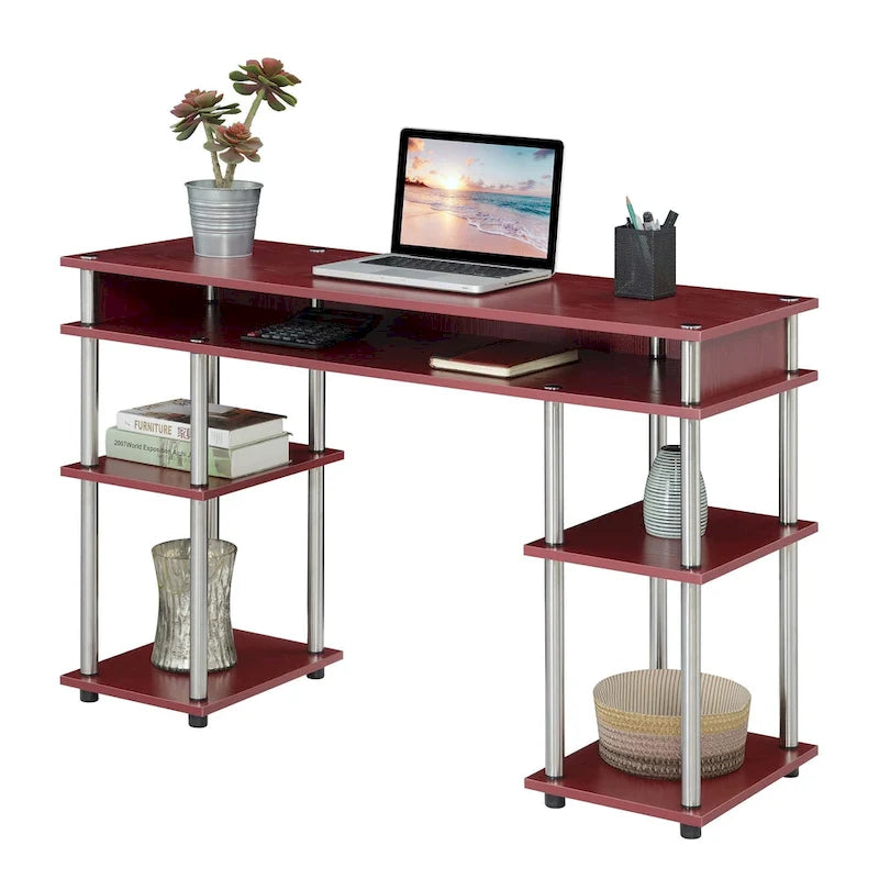 Bureau d'ordinateur noir à assemblage sans outils avec étagères ouvertes à plusieurs niveaux et pieds chromés
