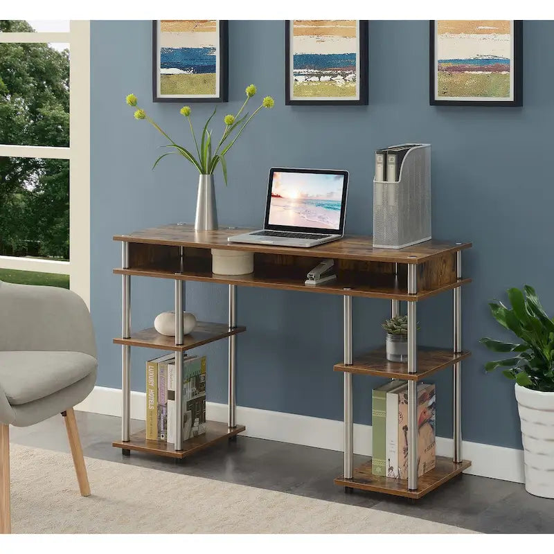 Bureau d'ordinateur noir à assemblage sans outils avec étagères ouvertes à plusieurs niveaux et pieds chromés
