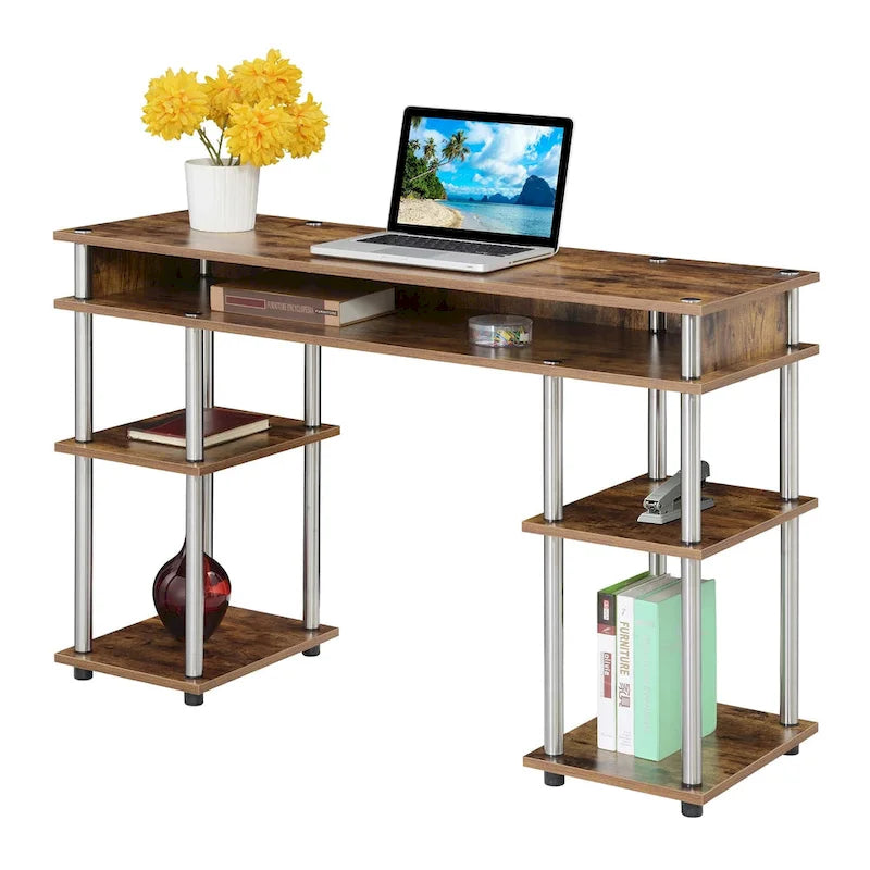 Bureau d'ordinateur noir à assemblage sans outils avec étagères ouvertes à plusieurs niveaux et pieds chromés