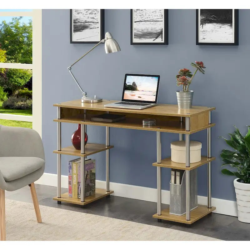 Bureau d'ordinateur noir à assemblage sans outils avec étagères ouvertes à plusieurs niveaux et pieds chromés