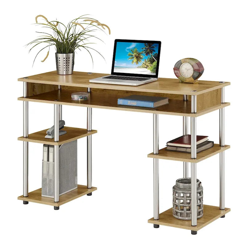 Bureau d'ordinateur noir à assemblage sans outils avec étagères ouvertes à plusieurs niveaux et pieds chromés