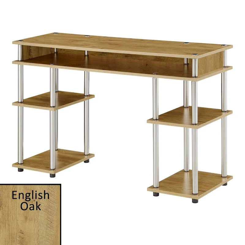Bureau d'ordinateur noir à assemblage sans outils avec étagères ouvertes à plusieurs niveaux et pieds chromés