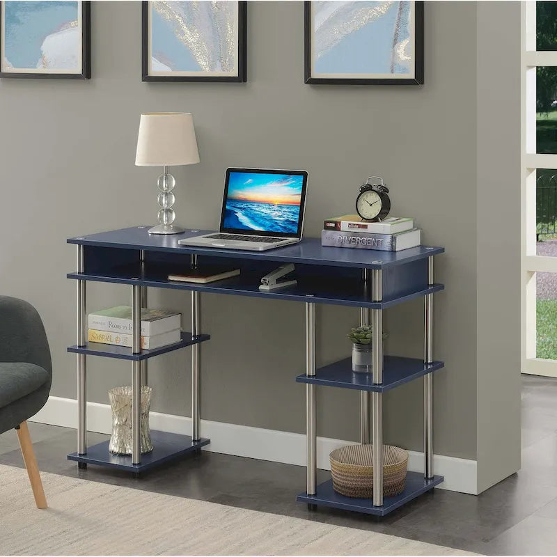 Bureau d'ordinateur noir à assemblage sans outils avec étagères ouvertes à plusieurs niveaux et pieds chromés