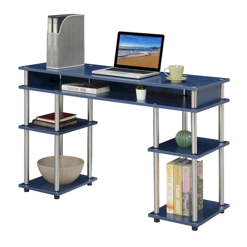 Bureau d'ordinateur noir à assemblage sans outils avec étagères ouvertes à plusieurs niveaux et pieds chromés