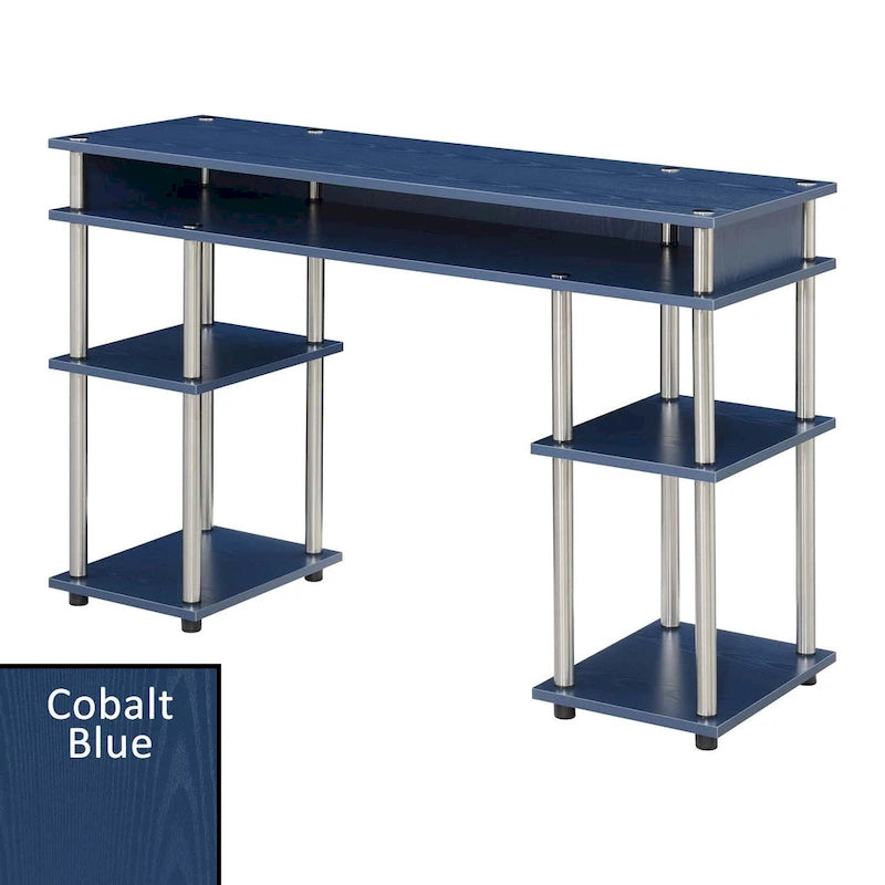 Bureau d'ordinateur noir à assemblage sans outils avec étagères ouvertes à plusieurs niveaux et pieds chromés