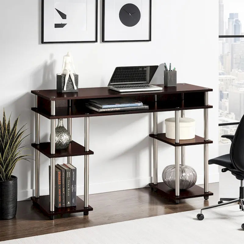 Bureau d'ordinateur noir à assemblage sans outils avec étagères ouvertes à plusieurs niveaux et pieds chromés