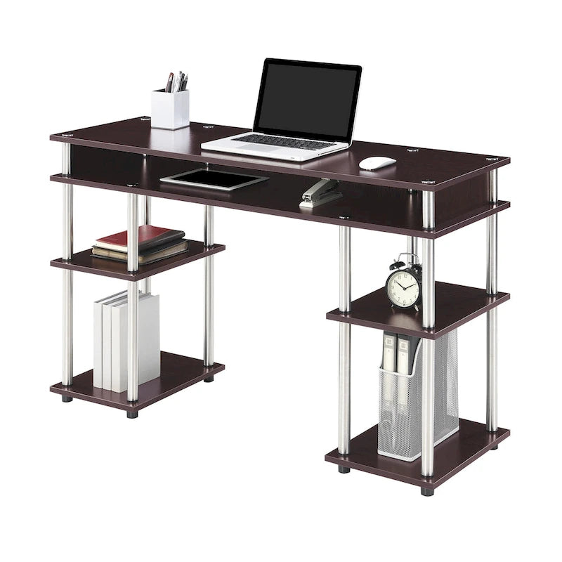 Bureau d'ordinateur noir à assemblage sans outils avec étagères ouvertes à plusieurs niveaux et pieds chromés