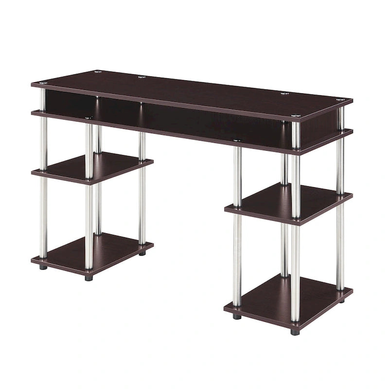 Bureau d'ordinateur noir à assemblage sans outils avec étagères ouvertes à plusieurs niveaux et pieds chromés