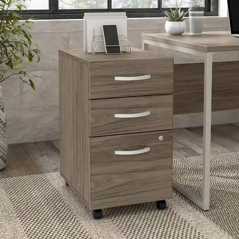 3 Drawer Mobile File Cabinet with Lock Modern Hickory Wood Finish Rolling