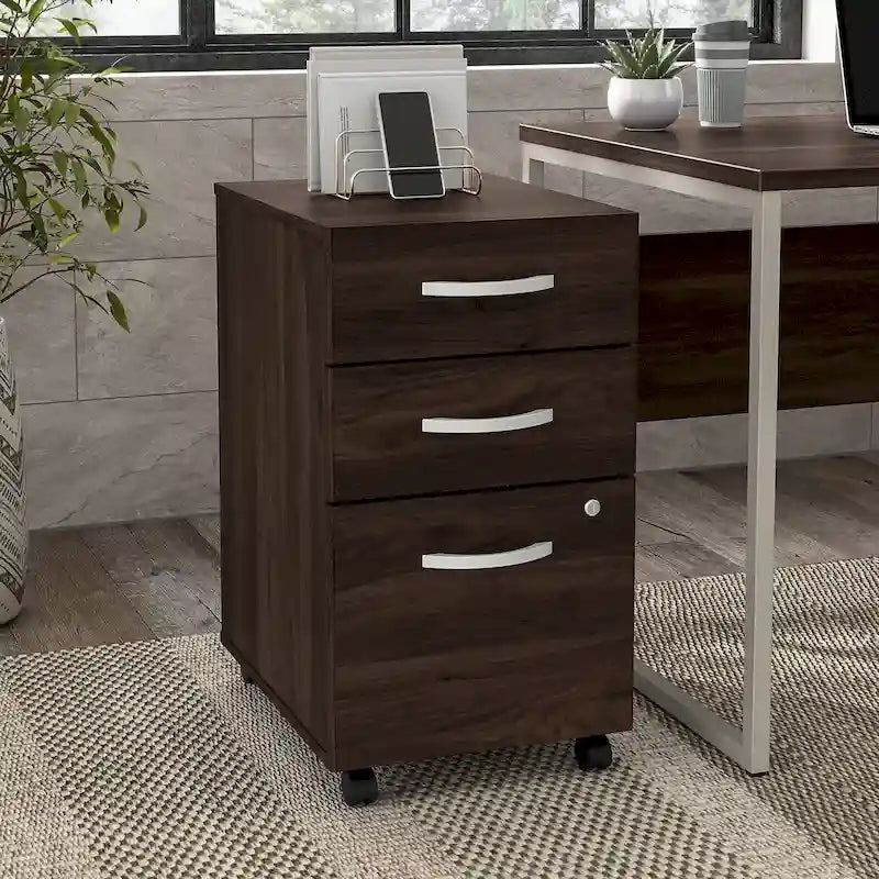 Caisson de bureau mobile à 3 tiroirs avec serrure, finition bois moderne hickory, roulettes