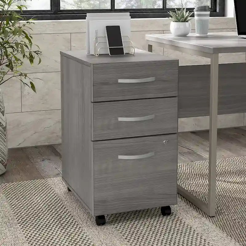 Caisson de bureau mobile à 3 tiroirs avec serrure, finition bois moderne hickory, roulettes