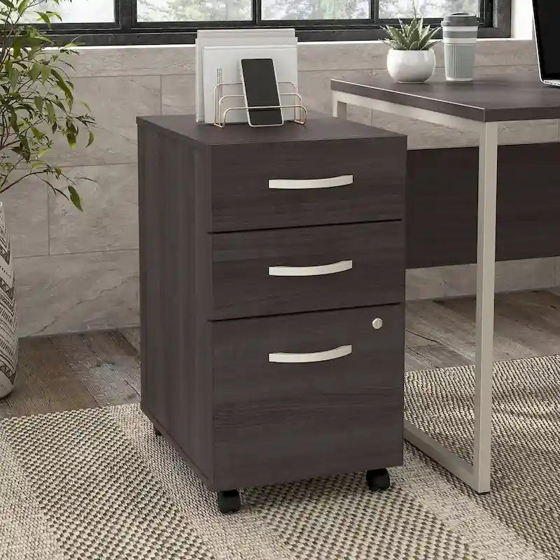 Caisson de bureau mobile à 3 tiroirs avec serrure, finition bois moderne hickory, roulettes
