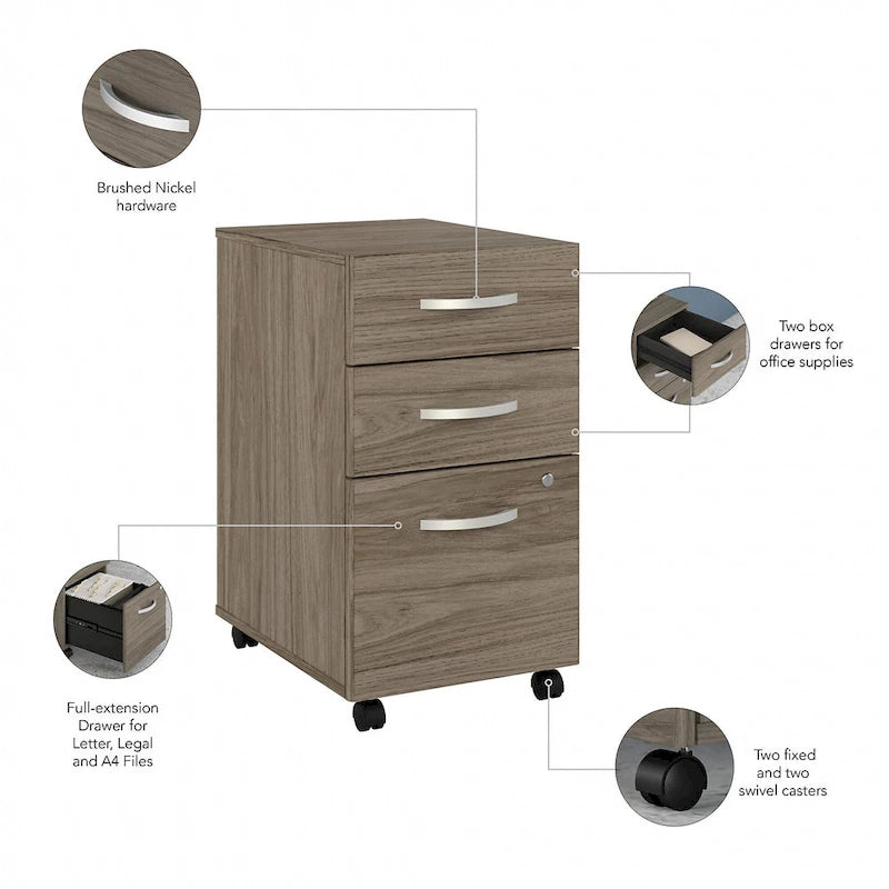 3 Drawer Mobile File Cabinet with Lock Modern Hickory Wood Finish Rolling