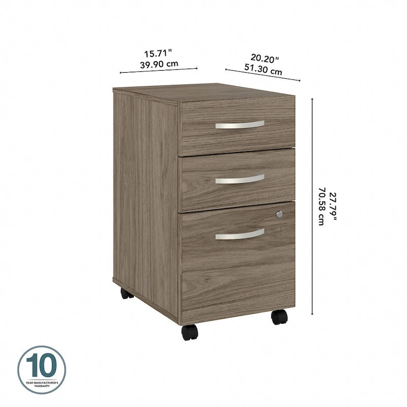 3 Drawer Mobile File Cabinet with Lock Modern Hickory Wood Finish Rolling