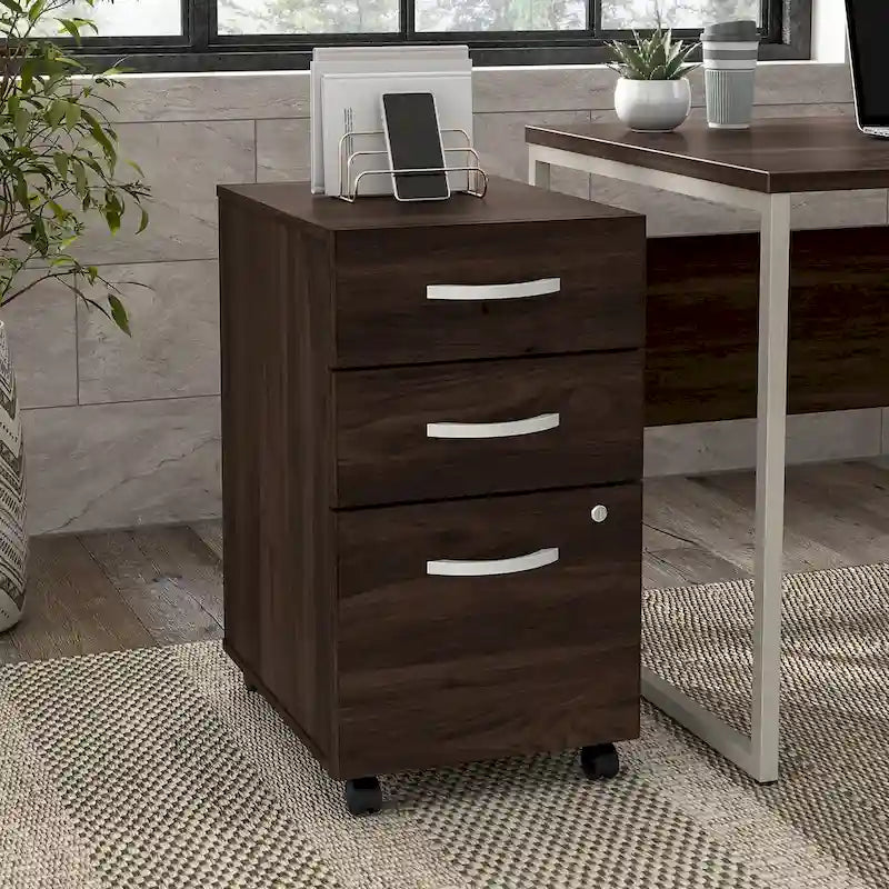 3 Drawer Mobile File Cabinet with Lock Modern Hickory Wood Finish Rolling