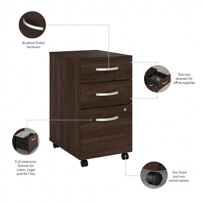 3 Drawer Mobile File Cabinet with Lock Modern Hickory Wood Finish Rolling