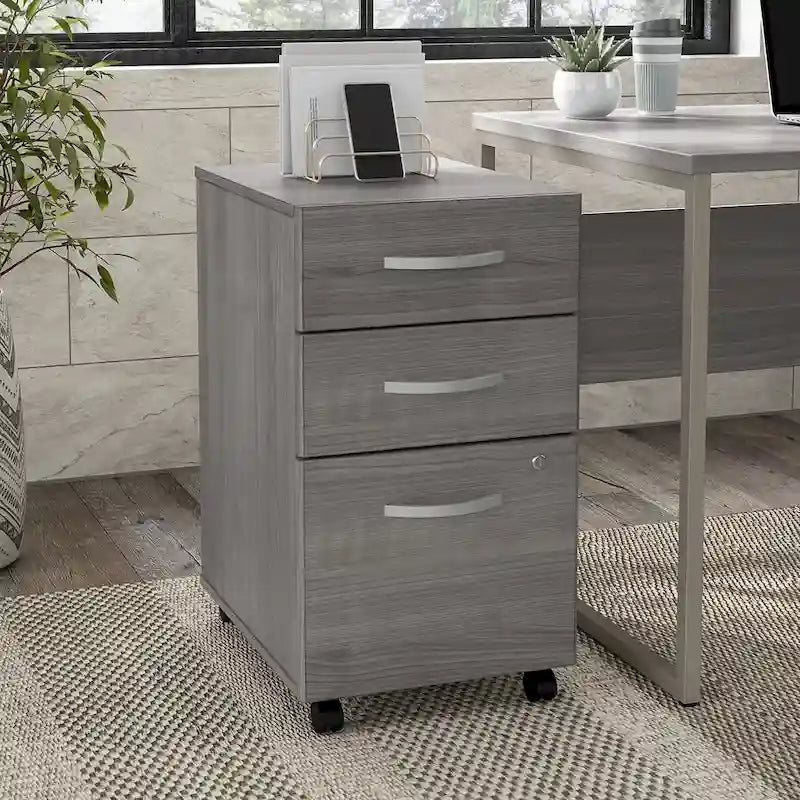 3 Drawer Mobile File Cabinet with Lock Modern Hickory Wood Finish Rolling