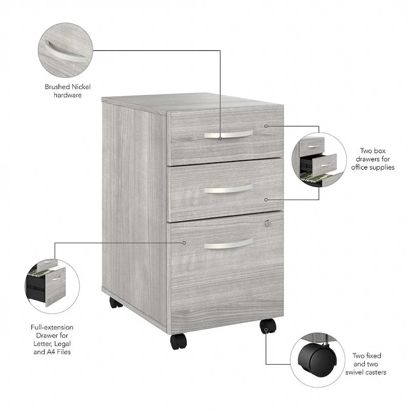 3 Drawer Mobile File Cabinet with Lock Modern Hickory Wood Finish Rolling
