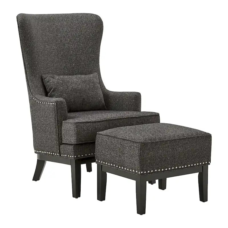 Fauteuil d'appoint dossier haut à oreilles avec clous en lin beige