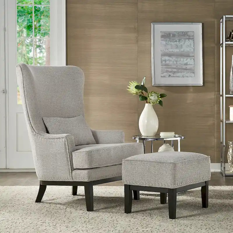 Fauteuil d'appoint dossier haut à oreilles avec clous en lin beige