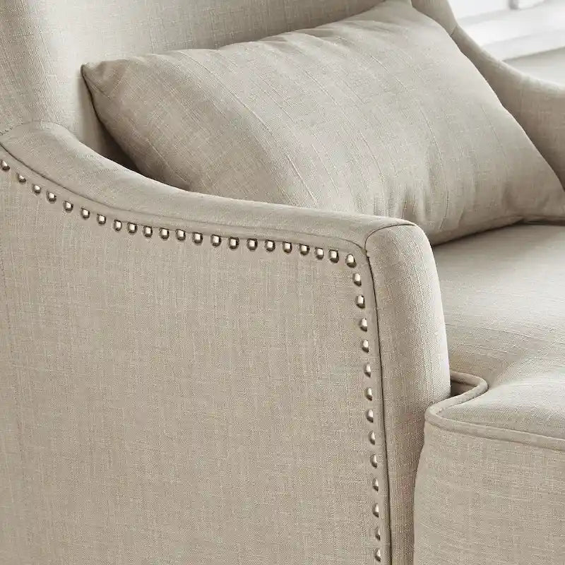 Fauteuil d'appoint dossier haut à oreilles avec clous en lin beige