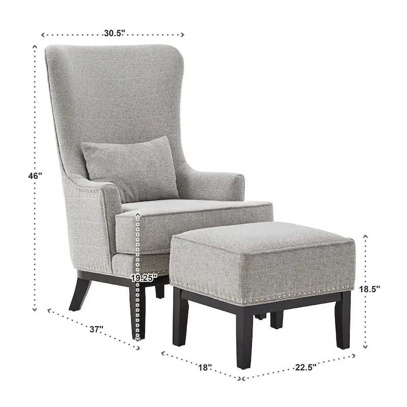Fauteuil d'appoint dossier haut à oreilles avec clous en lin beige