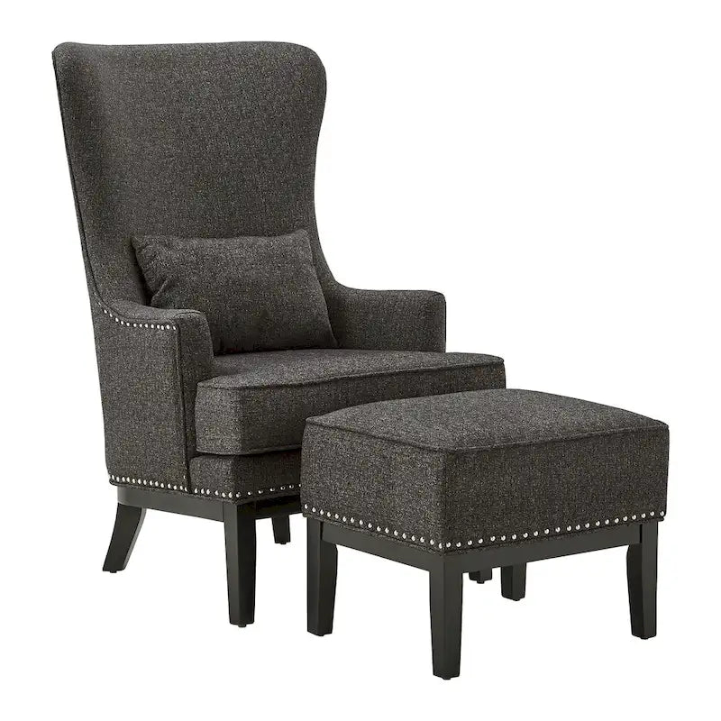 Fauteuil d'appoint dossier haut à oreilles avec clous en lin beige
