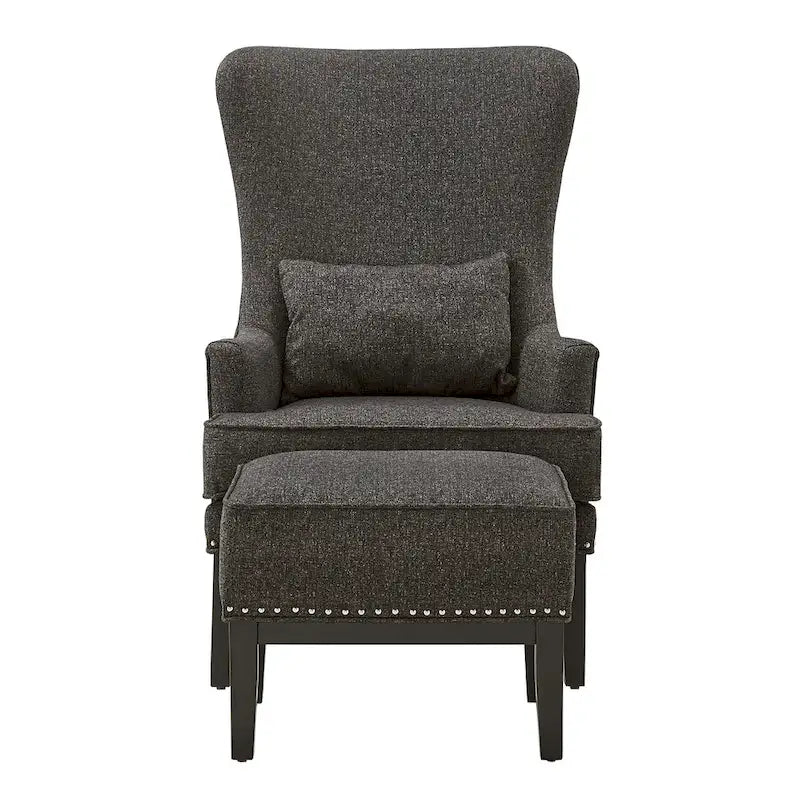 Fauteuil d'appoint dossier haut à oreilles avec clous en lin beige