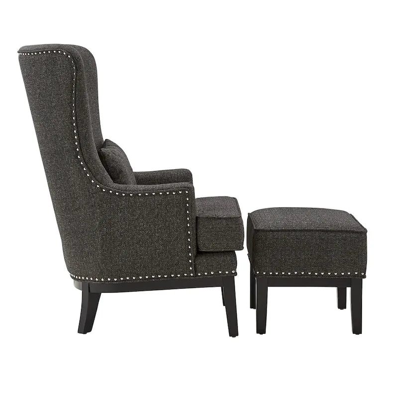 Fauteuil d'appoint dossier haut à oreilles avec clous en lin beige