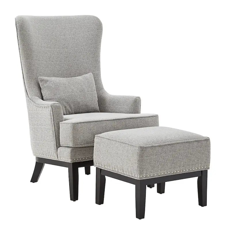 Fauteuil d'appoint dossier haut à oreilles avec clous en lin beige
