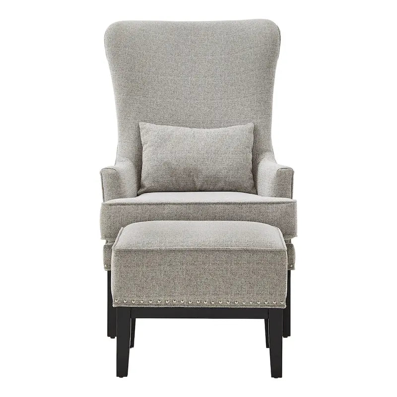 Fauteuil d'appoint dossier haut à oreilles avec clous en lin beige