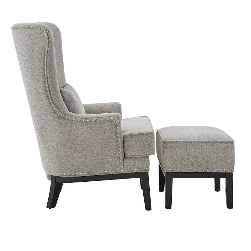 Fauteuil d'appoint dossier haut à oreilles avec clous en lin beige