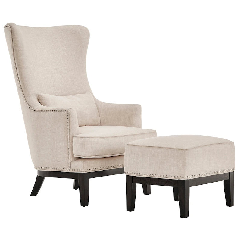 Fauteuil d'appoint dossier haut à oreilles avec clous en lin beige