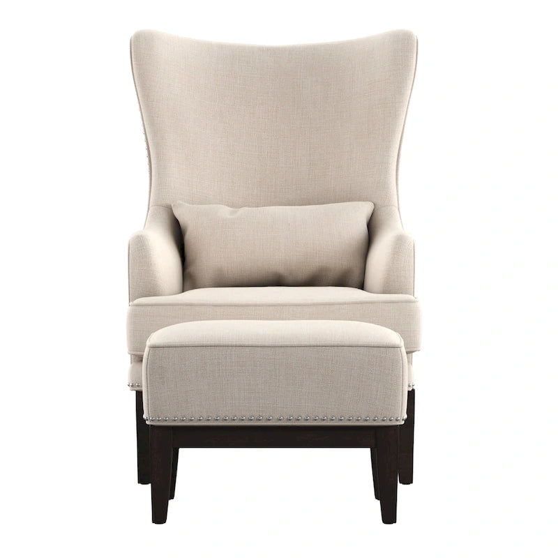 Fauteuil d'appoint dossier haut à oreilles avec clous en lin beige