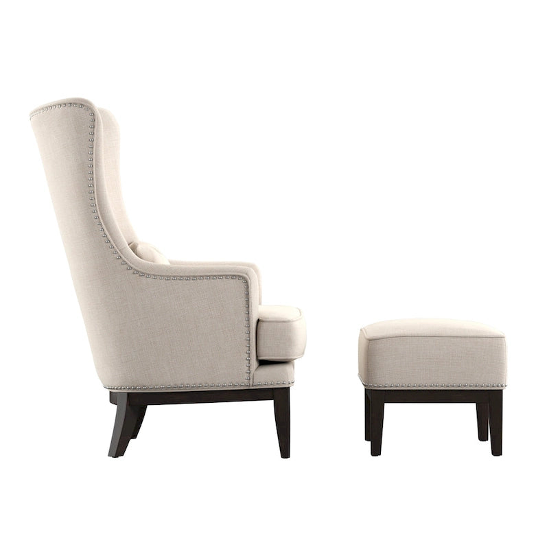 Fauteuil d'appoint dossier haut à oreilles avec clous en lin beige