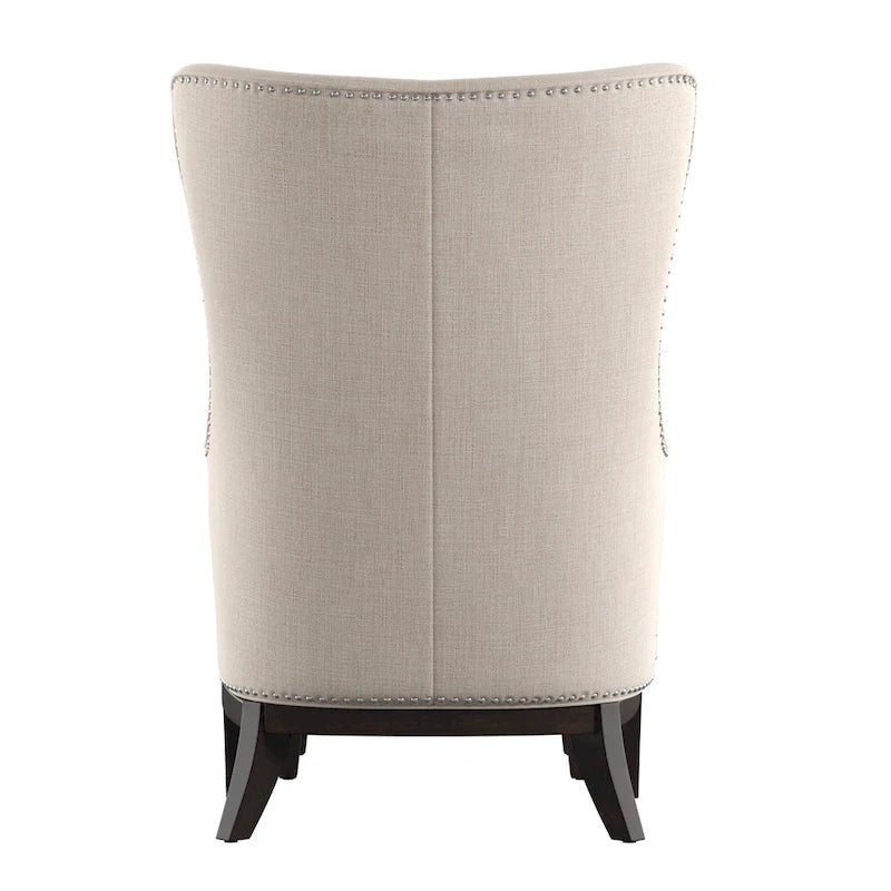 Fauteuil d'appoint dossier haut à oreilles avec clous en lin beige